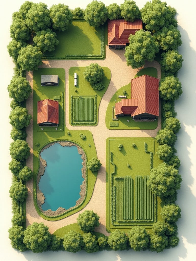 Aerial view of a farm layout on a 25 cents land. Features include a pond, surrounding trees, multiple buildings, and organized garden areas. Emphasis on efficiency in design.