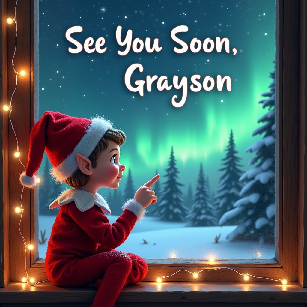 The image features a whimsical elf sitting by a window, gazing out at the northern lights. Dressed in a red outfit with a pointed hat, the elf is gently pointing at something in the sky. The scene is cozy, with a string of fairy lights wrapped around the window. Above the scene, the words 'See You Soon, Grayson' are written in cheerful script. Outside, a winter wonderland unfolds with snow-covered trees under a starry sky illuminated by vibrant auroras. It captures the magic of the holiday season and the imagination of children.