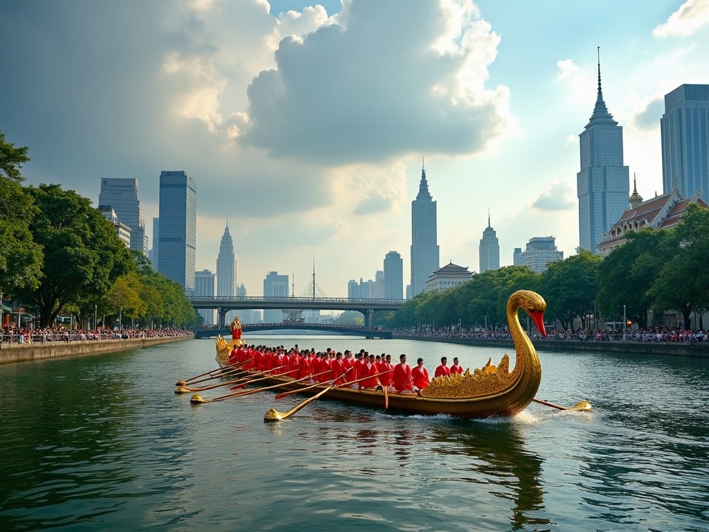 A majestic long-tailed boat with a swan-shaped prow, adorned in gold intricacies, glides through the tranquil Chao Phraya River. Rowers in vibrant red costumes harmonize against a backdrop of the grand Bhumibol Bridge. Skyscrapers rise in the background, surrounded by lush green trees and a cloud-draped sky. The scene highlights the elegance of a royal birth ceremony. This captivating image is rich in colors and features a dynamic composition.