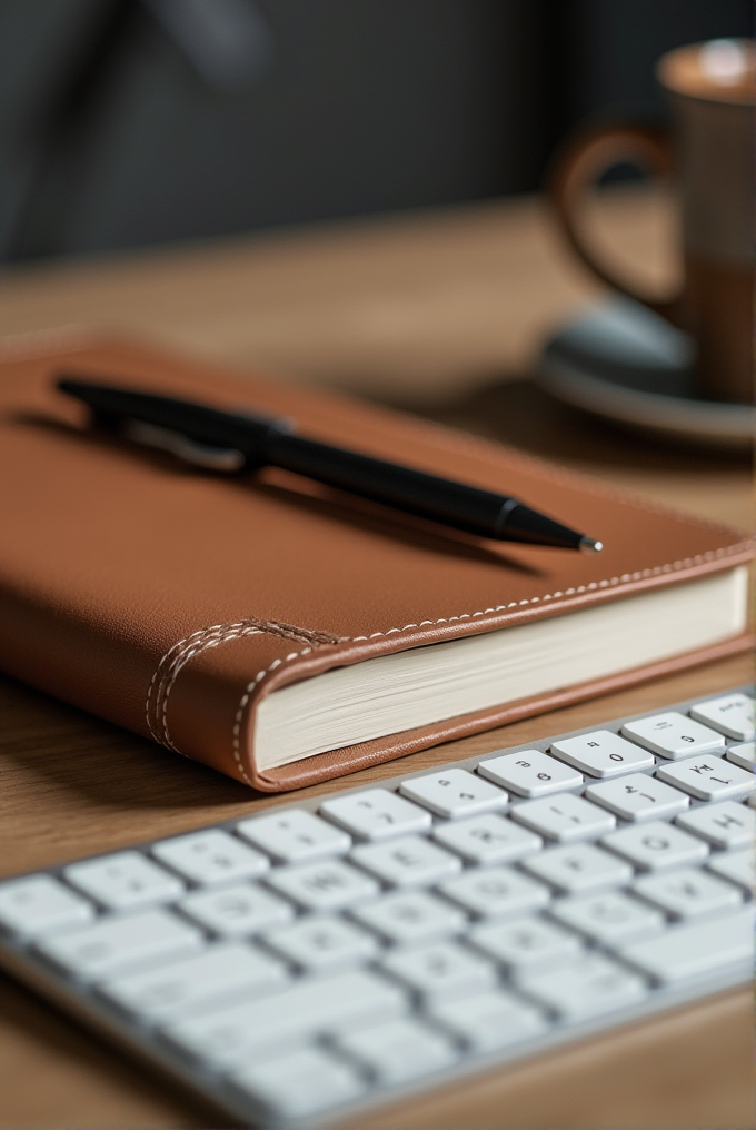 A brown leather notebook with a pen rests on a wooden desk next to a wireless keyboard, with a blurred coffee cup in the background.