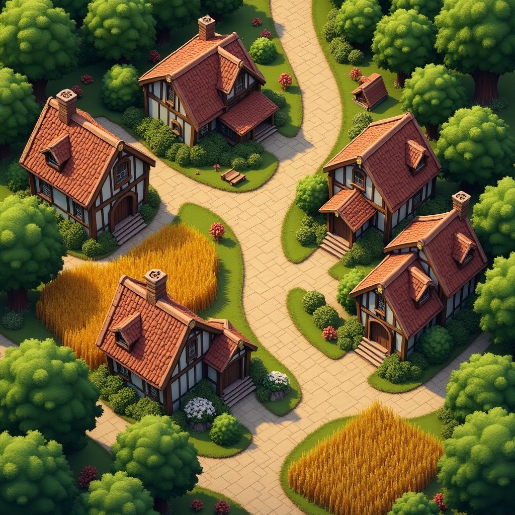 Top-down view showcasing a village with several houses. Landscape includes areas for growing sugar and wheat. Pathways connect the houses. Bright and colorful layout with trees and flowers.