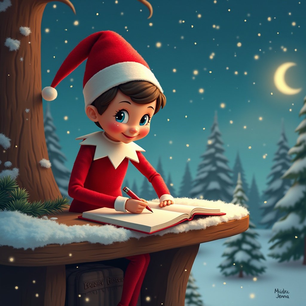 Image depicts an elf at the North Pole writing a name. Snowy background with trees and a starry sky. Elf is in festive attire. Moon illuminates the scene.