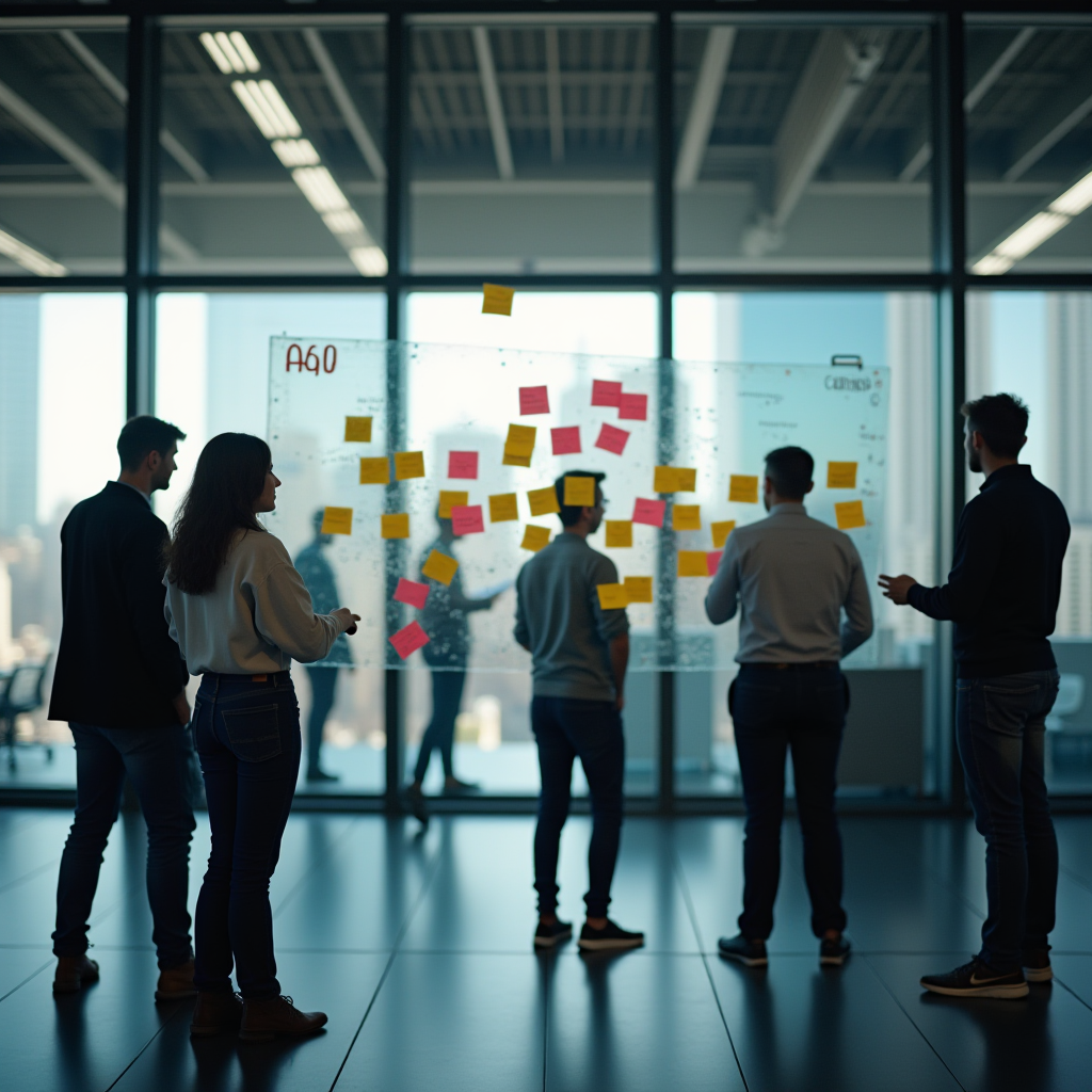 A group of people are gathered around a glass wall with sticky notes in a modern office setting.