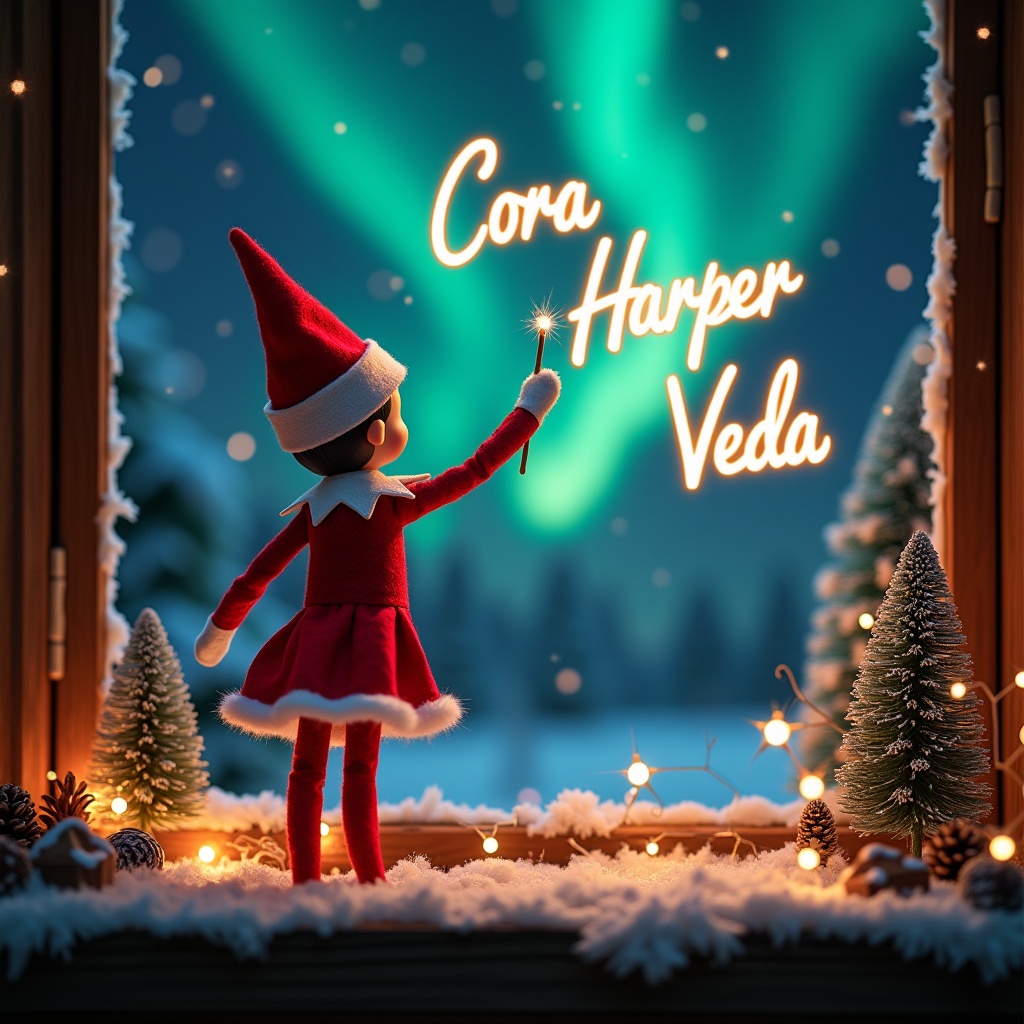 This image depicts an enchanting Christmas scene featuring an elf on the shelf. The elf is dressed in a classic red and white outfit, turning to face the magical sky. Holding a wand, the elf writes the names 'Cora', 'Harper', and 'Veda' in glowing script. Bright northern lights set a colorful backdrop, enhancing the festive atmosphere. The entire scene is wrapped up in a whimsical, holiday spirit that invokes feelings of joy and wonder.