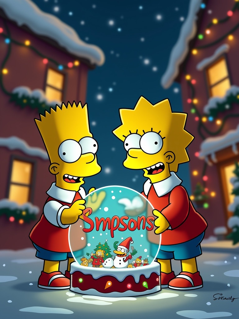 Christmas scene with the Simpsons. Bart and Lisa holding a snow globe. Snow globe displays the name. Background features festive decorations and lights.