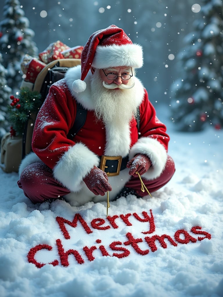 Santa Claus dressed in traditional red suit writes Merry Christmas in freshly fallen snow. Surrounded by snow-covered trees and festive holiday atmosphere. Snowflakes fall gently around.