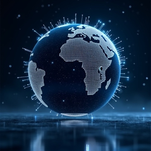 Futuristic header image design featuring a glowing sphere symbolizing Earth. Sphere is shifted to the right. Left side has clear space for a profile picture. Sphere has connection ports that emit faint blue and white lights. Background shows a starry night sky with a reflective surface.