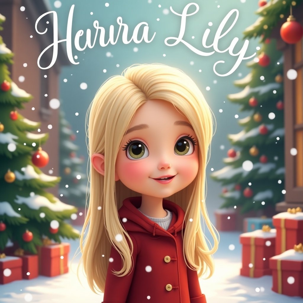 Cartoon character with straight blonde hair in a Christmas setting. Character is a girl wearing a red hooded coat. Background has Christmas trees and presents. Snow is falling. Text 'Harura Lily' is displayed.