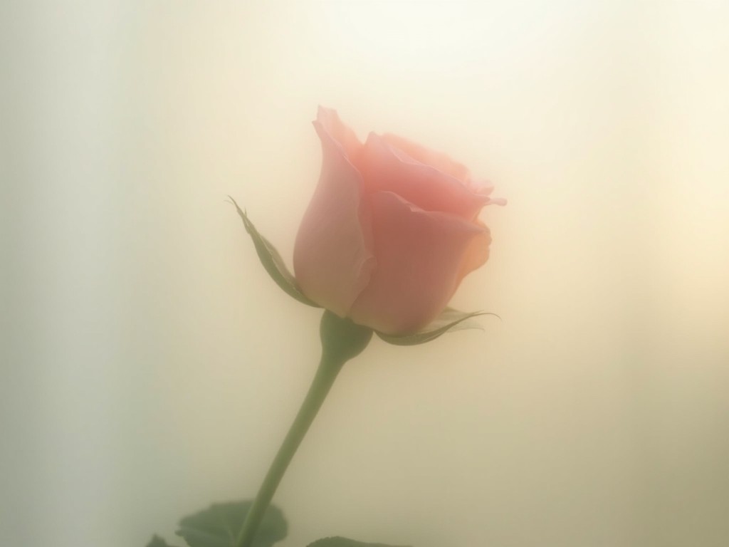 This image features a delicate pink rose positioned behind a frosted glass background. The glass has an off-white hue, creating a soft, blurred effect that emphasizes the rose's elegance. The rose stands tall and subtle, with its petals gently illuminated by diffused light. The surrounding colors are muted, adding a serene atmosphere to the image. This composition evokes feelings of romance and tranquility, making it ideal for various uses.