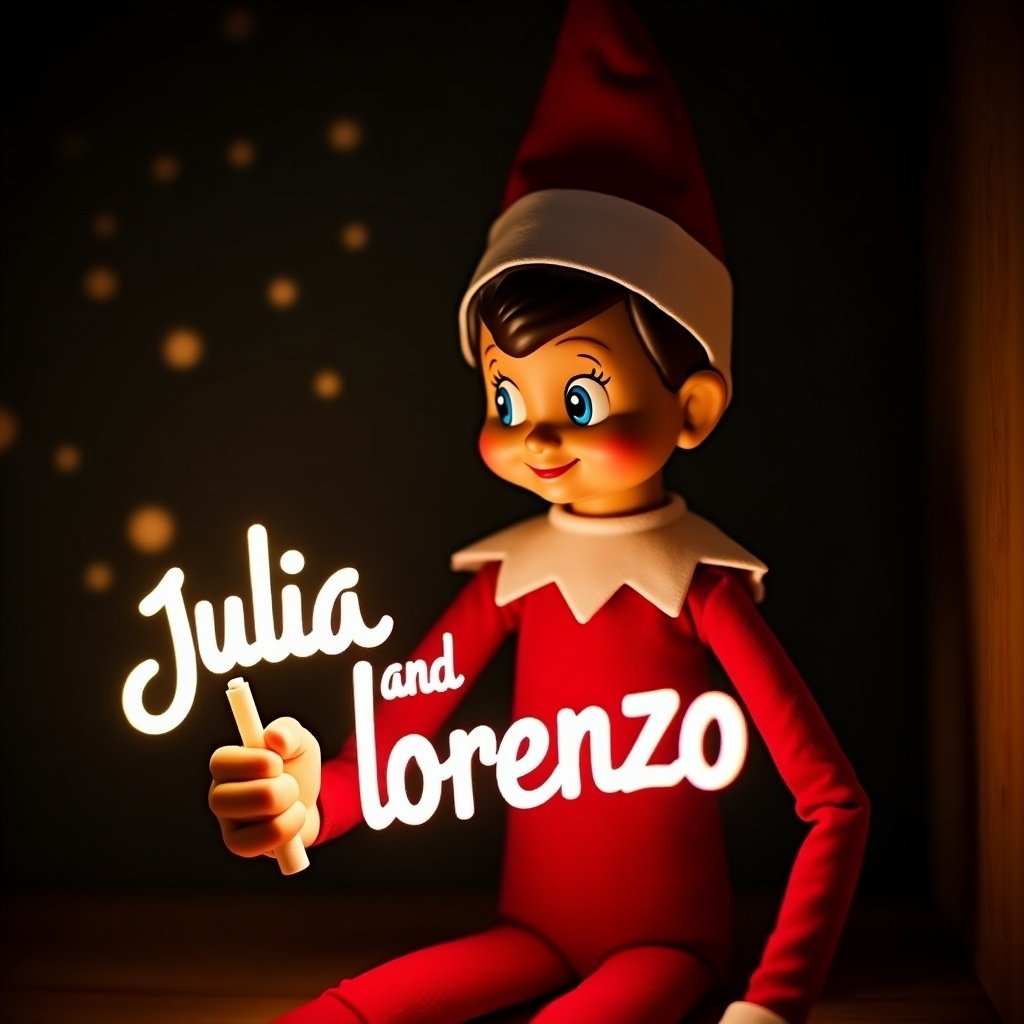 This image features an elf on the shelf character, dressed in traditional red and white attire. The elf is holding a glow stick that forms the name 'Julia and Lorenzo' in bright, soft light. The background is dark, which enhances the glowing effect of the text. It creates a warm, festive atmosphere, embodying the joy of the holiday season. The scene evokes feelings of magic and cheer associated with Christmas celebrations.