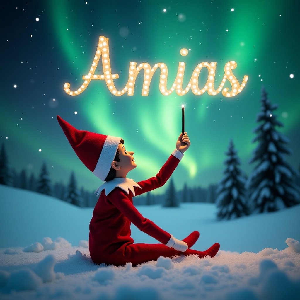 Image features elf on shelf in snowy landscape. Elf gazes at sky with magic wand. Writing Amias in elegant letters. Stunning northern lights background. Red outfit contrasts with snow. Scene captures holiday enchantment.