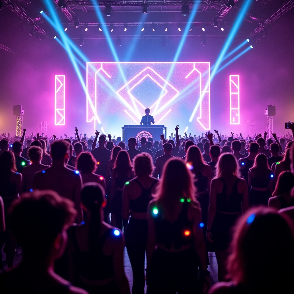 This image captures a dynamic and lively festival scene with a DJ performing on a high-tech neon stage. The crowd is dancing energetically, dressed in unique and colorful rave costumes with glowing face paint and LED elements. The atmosphere is electric with vibrant light effects that create abstract patterns in the background. A galactic backdrop features shooting stars against a swirling mix of bright, pulsating colors like purple, pink, and blue. The entire scene embodies the excitement and energy of a modern rave event.