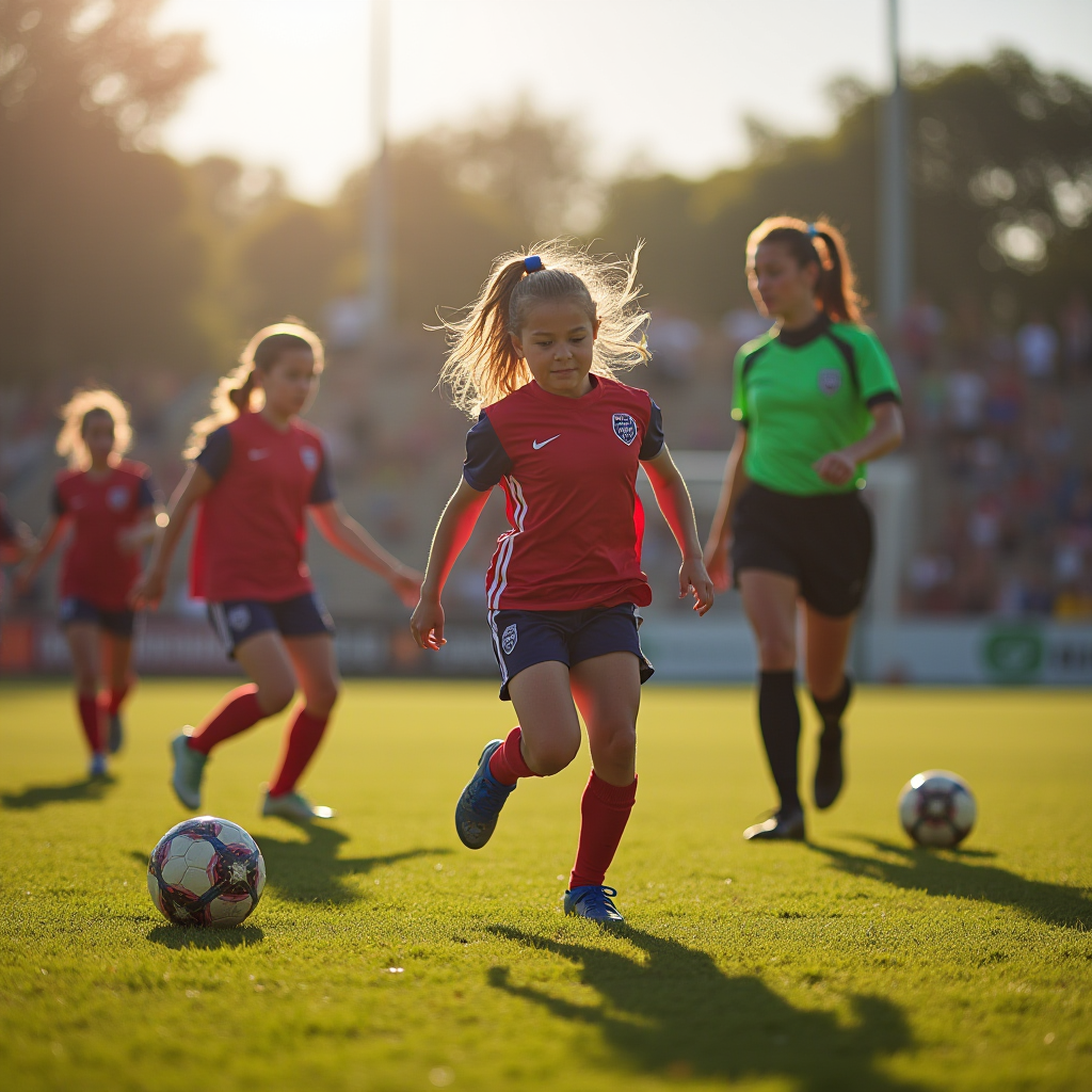 A group of young girls playing soccer on a sunlit field.