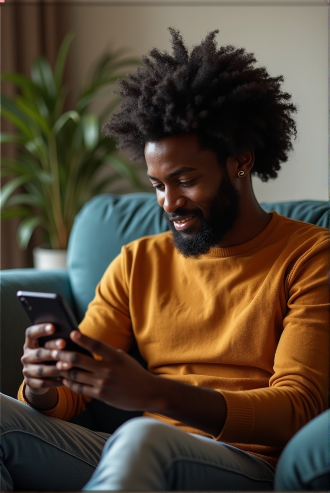 A person sitting on a couch, intently looking at their phone, dressed in a warm orange sweater.