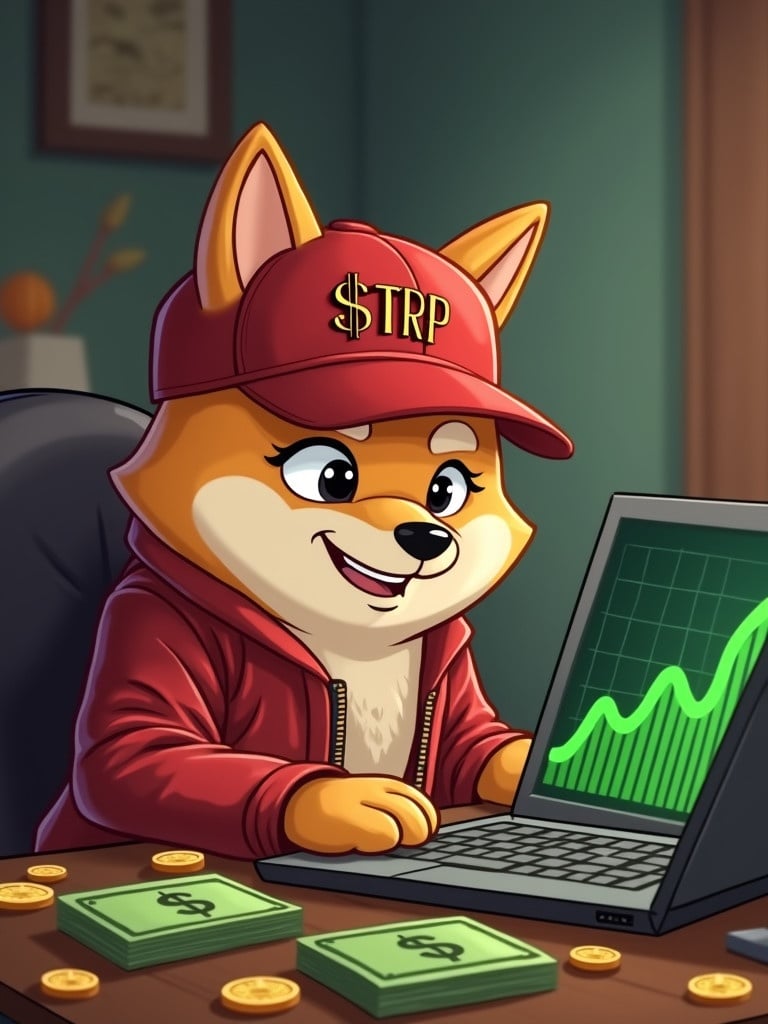 An animated cartoon Shiba Inu dog. The dog wears a stylish red baseball cap with $TRP. A luxurious red leather jacket adorns the dog. The dog sits at a table with a laptop. The laptop shows a green upward-trending chart. Stacks of green dollar bills and golden coins scatter the table.