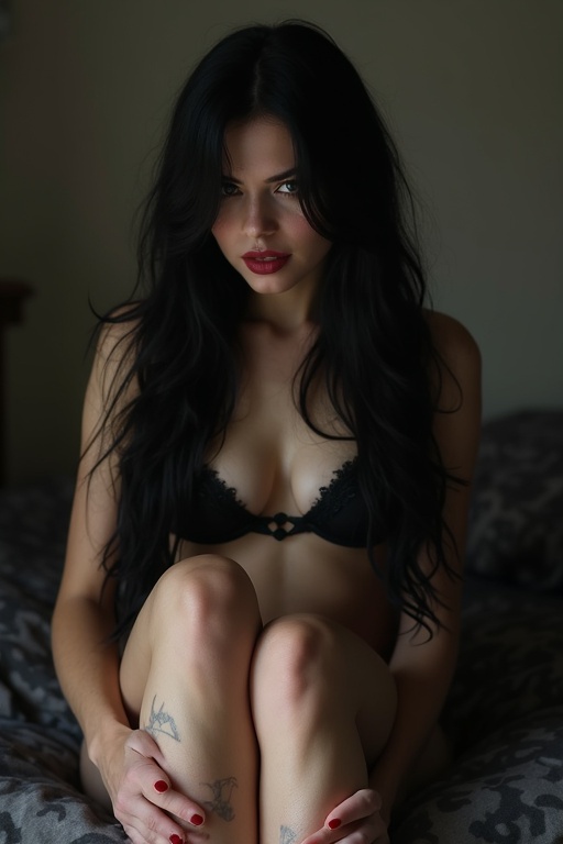 Mature goth woman poses on a bed. She has long black hair. She sits with her legs drawn up. Visible tattoos decorate her body. Cuts appear on her bare feet.