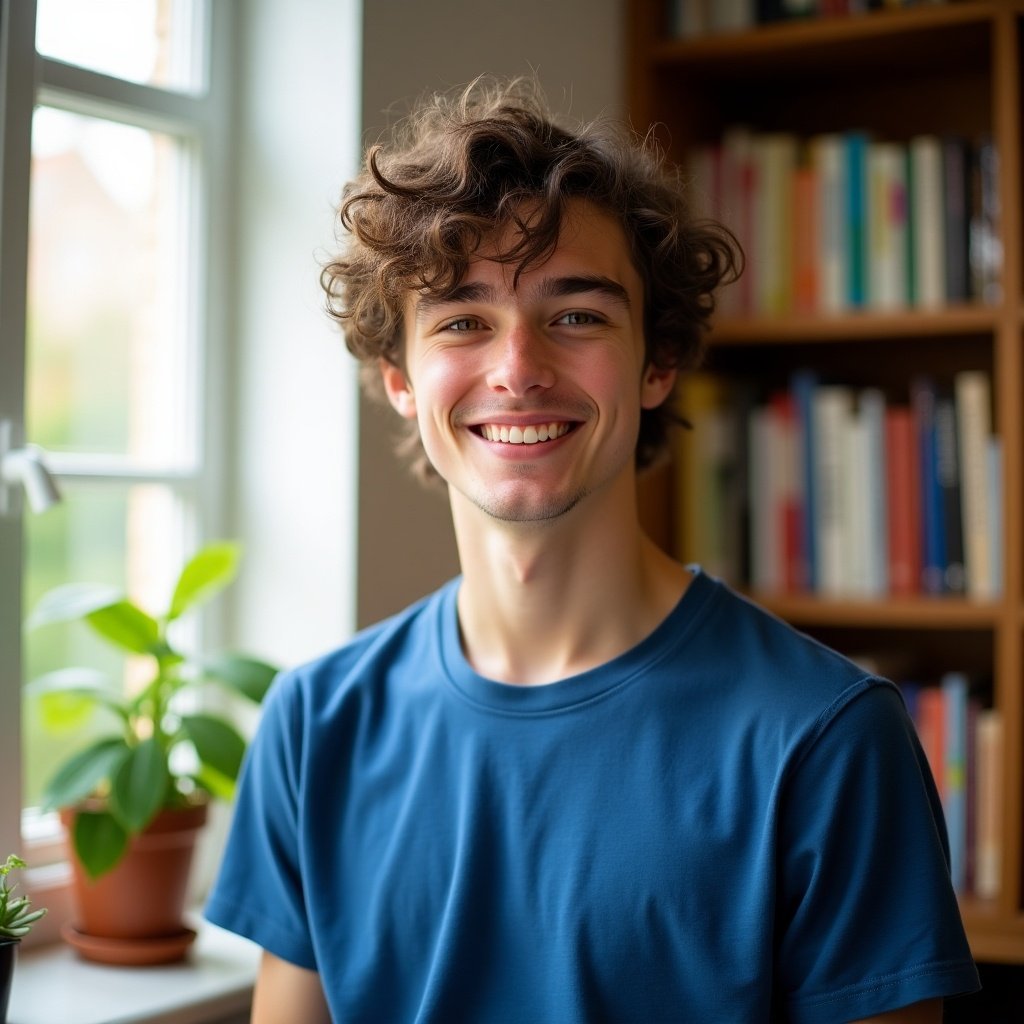 A person wearing a blue t-shirt sitting indoors by a window. There is a plant in the foreground and books in the background. Soft natural light is entering from the window.