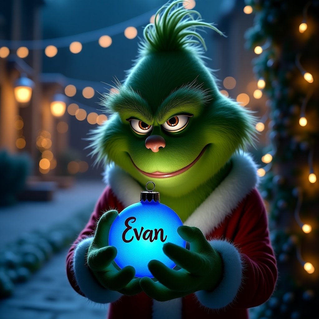 A serene night garden scene. The Grinch holds a glowing blue Christmas bauble. The bauble has the name Evan in elegant script. Twinkling Christmas lights create a magical atmosphere. Ideal for Christmas-themed content.