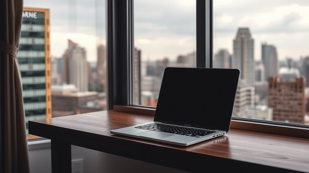 A laptop sits on a wooden table by a large window overlooking a cityscape.