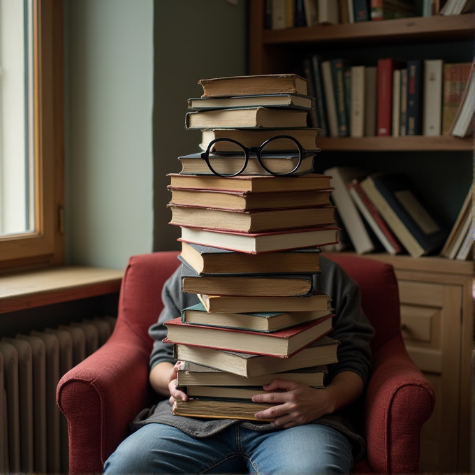 A person humorously camouflaged behind a towering stack of books and glasses in a cozy room.