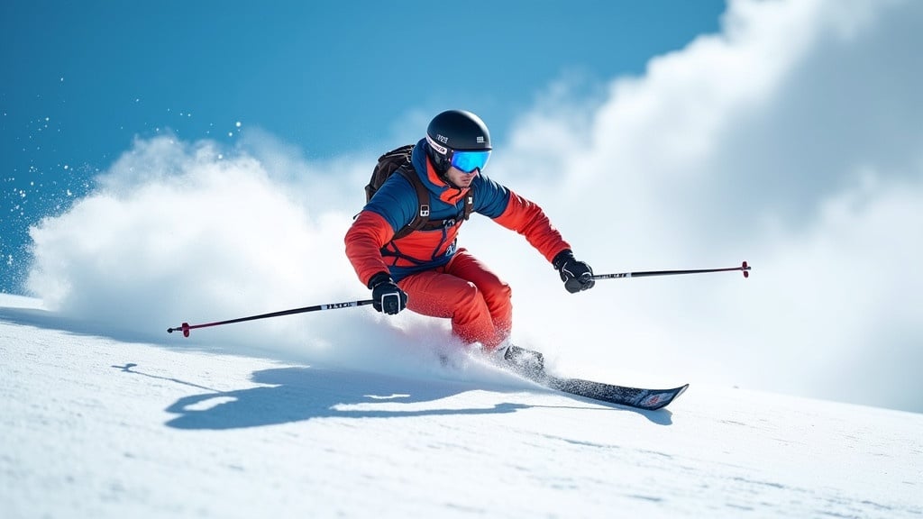 A skilled skier expertly navigating downhill in a snowy environment. Bright blue sky creates a stunning backdrop. Snow sprays around the skier, showcasing movement. Dynamic and energetic composition with emphasis on action and agility. Hyper-realistic style produced with a professional DSLR camera.