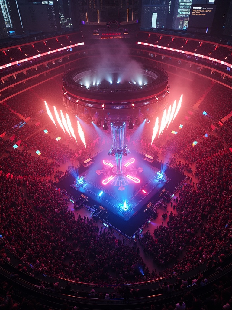 Concert at Madison Square Garden features a 360 stage with vibrant lights and fireworks. Live performance atmosphere filled with audience. Drone capture showcases the energy and layout of the event.