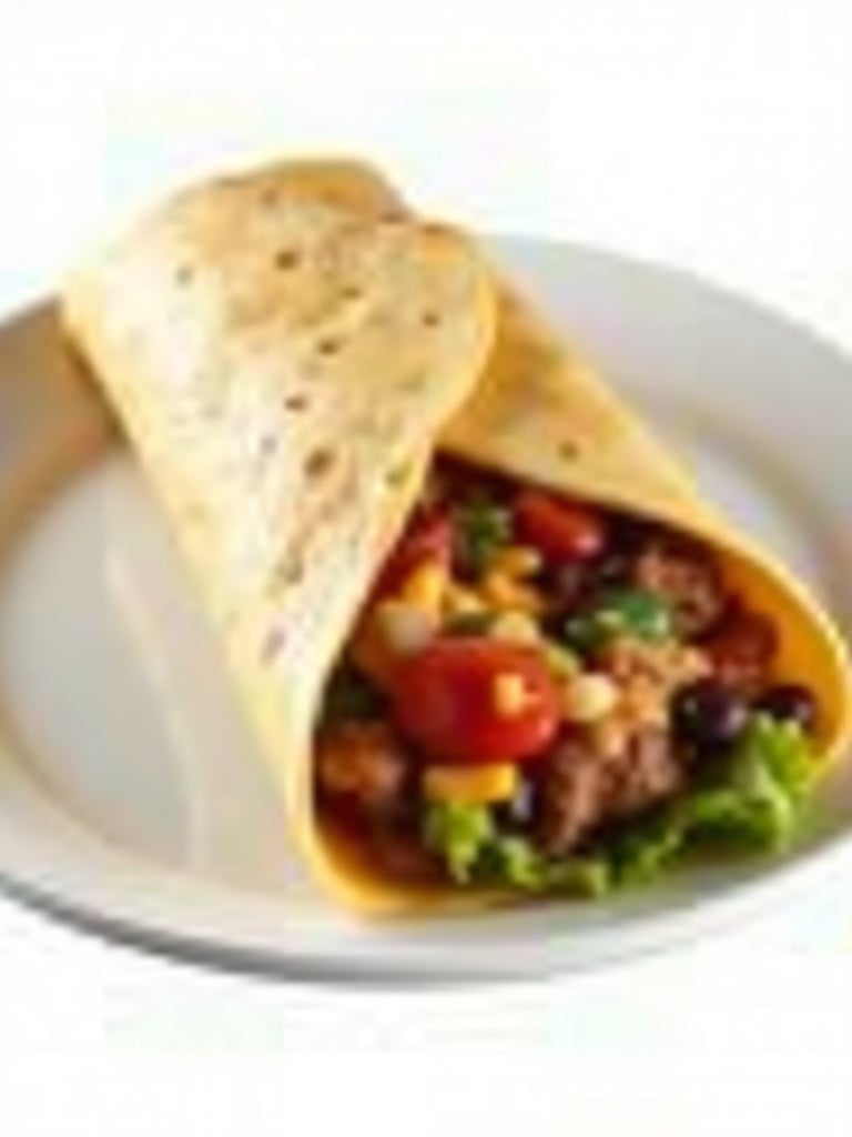 Photo of a clear and realistic Mexican dish. Zoomed-out view of flour tortilla with beef, beans, rice, cheese, salsa, and vegetables. Served on a white plate against a white background.