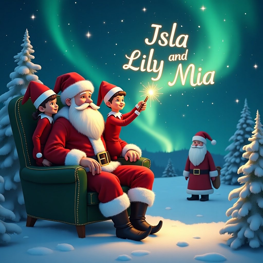 Three elves sit with Santa in a cozy chair. Santa uses a wand to write names in the night sky. Northern lights dance above. Snow-covered trees surround the scene. This depicts a festive, heartwarming holiday spirit.