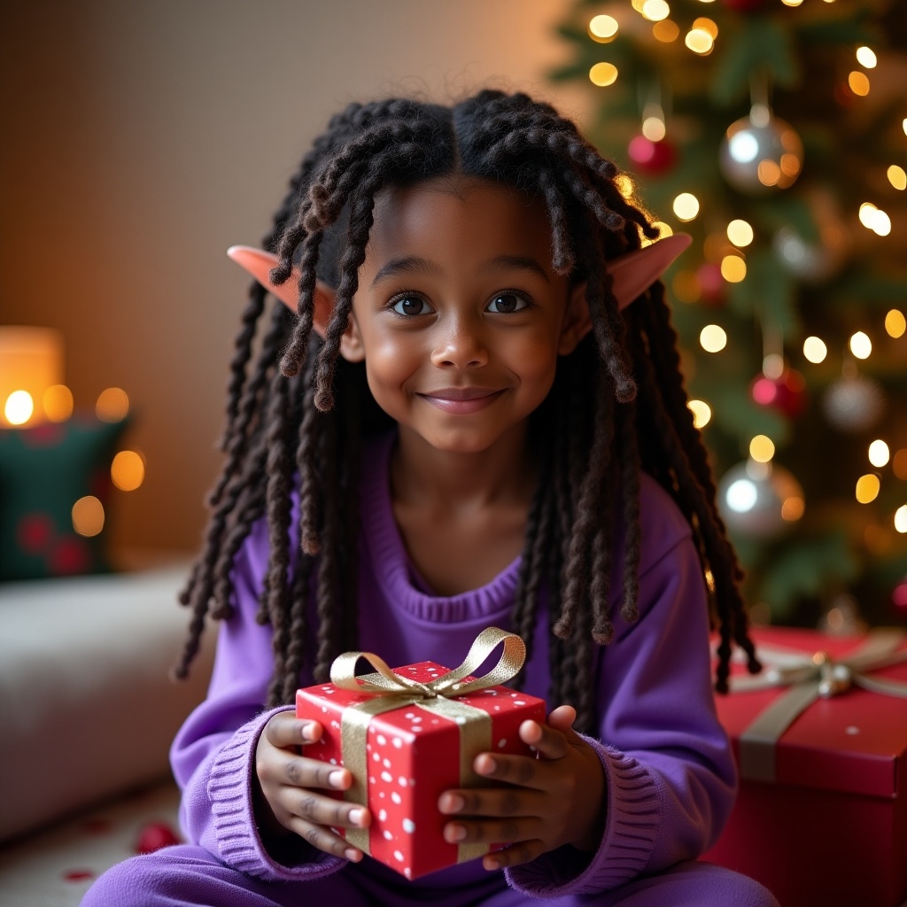 Cute girl elf with pointed ears sits in Christmas scene. Brown skin long dreadlocks wearing purple. Holding a present.