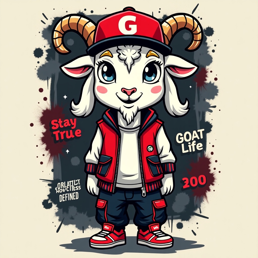 The image features a cartoon goat character, set against a backdrop that reflects a stylish streetwear aesthetic. The goat has playful horns and a cheerful expression, complete with starry eyes and light blush on its cheeks. It sports a red cap with a 'G' logo, layered outfits, and accessories that emphasize urban fashion. The background is filled with geometric patterns and abstract designs, enhancing the character's vibrant vibe. Taglines like 'Stay True' and 'GOAT Life' are integrated into the artwork, creating a cohesive and trendy look.