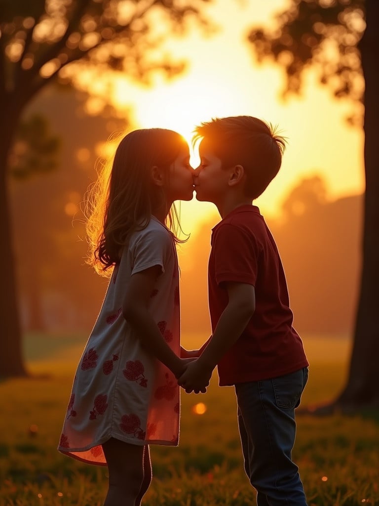 A girl and boy are kissing each other in a park at sunset. Warm light surrounds them creating a romantic atmosphere as they hold hands.