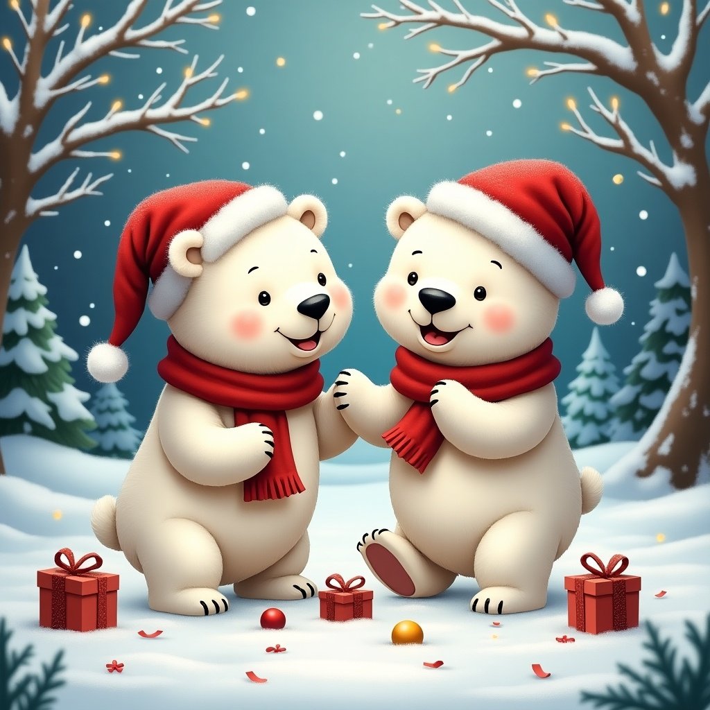 Two cartoon polar bears celebrate Christmas in a snowy landscape. Bears wear red hats and scarves. Background features evergreen trees and snowflakes. Presents surround bears.