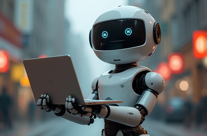 A friendly humanoid robot holding a laptop stands on an urban street, with soft-focus city lights in the background.