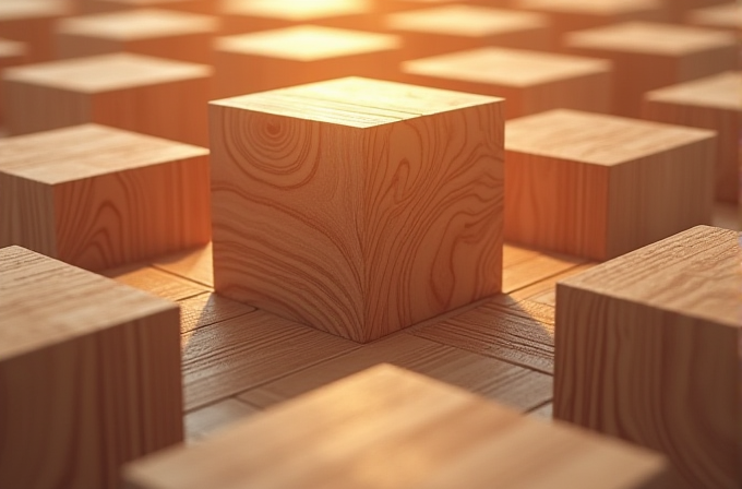 A serene arrangement of wooden cubes bathed in warm sunlight.