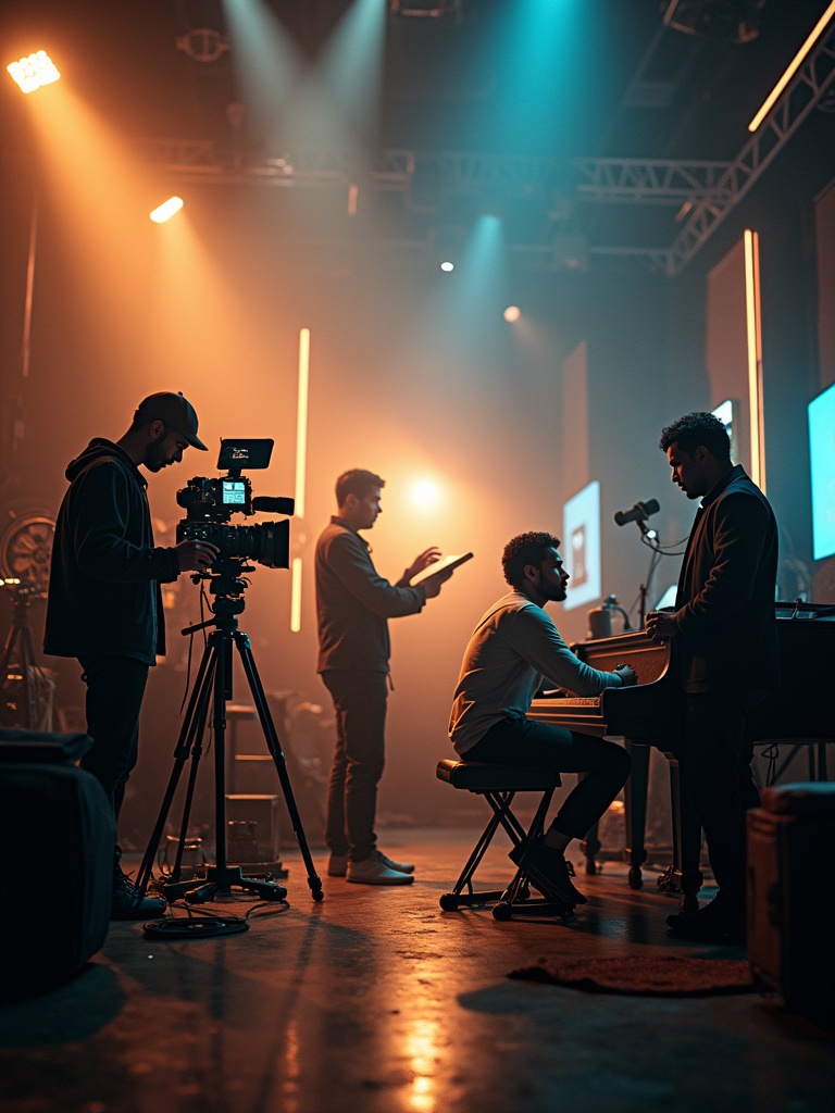 A digital artwork shows independent artists creating. Filmmaker adjusts a camera. Musician plays piano passionately. Screenwriter is writing a script. Actor is on a dimly lit stage. The setting is warm with golden lighting. Background features elements like a vintage film reel and a recording studio microphone. The aesthetic is cinematic and luxurious.