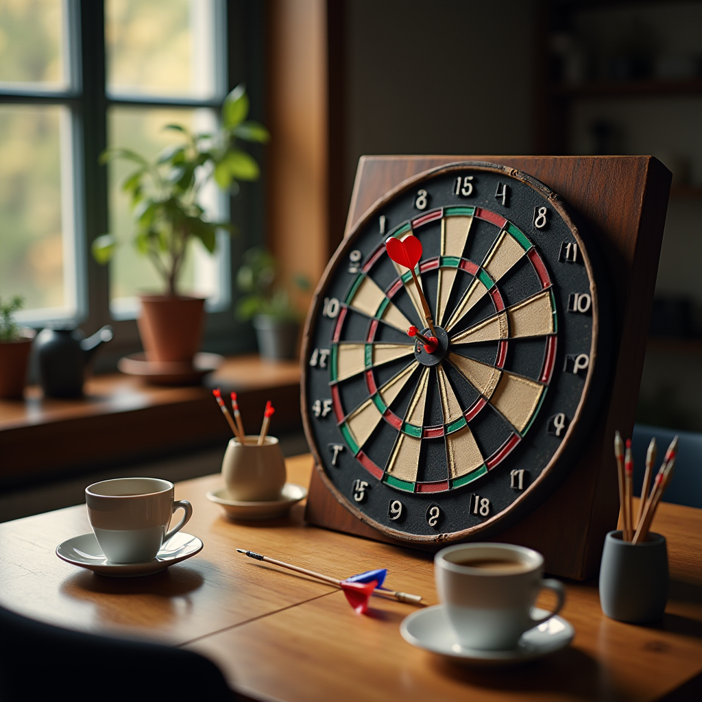 A dartboard with a heart-shaped dart is placed on a wooden tabletop near cups and potted plants by a window.