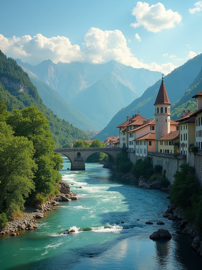 The image shows a stunning view of a river with a bridge and mountains in the background. It features quaint buildings along the river. A tower with a spire adds to the scenic beauty. The landscape evokes feelings of peace and natural charm.