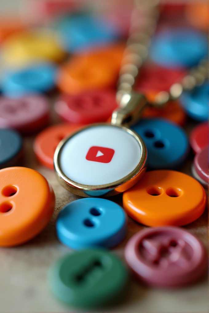 A necklace pendant featuring a play button symbol surrounded by colorful buttons.