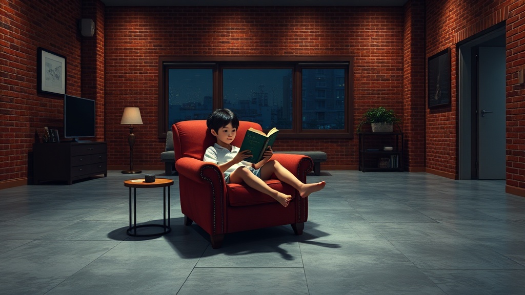 In this serene digital illustration, a young boy sits comfortably on a plush red armchair, deeply engrossed in a book. The room is warmly lit, highlighting the exposed brick walls and large windows that offer a view of a quiet night. The minimalist furniture and soft lighting create a cozy ambiance, perfect for an evening of reading.