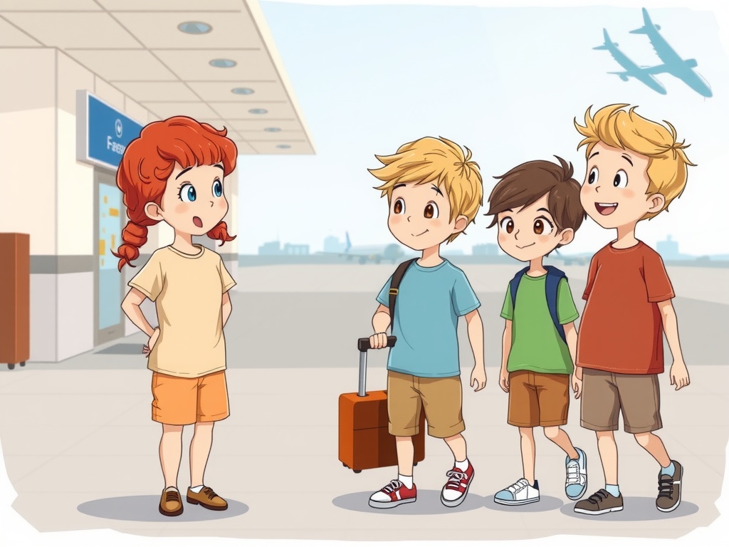 A group of animated children with luggage at an airport, ready for travel.