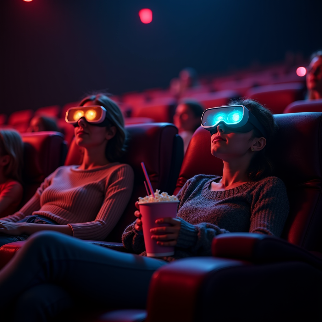 People wearing futuristic VR goggles enjoying a movie in a theater.