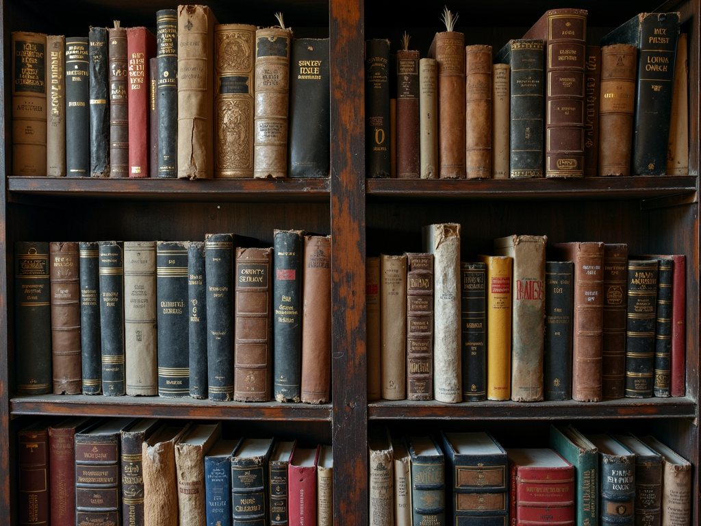 A wooden bookshelf filled with rows of old, leather-bound books of various colors and sizes.