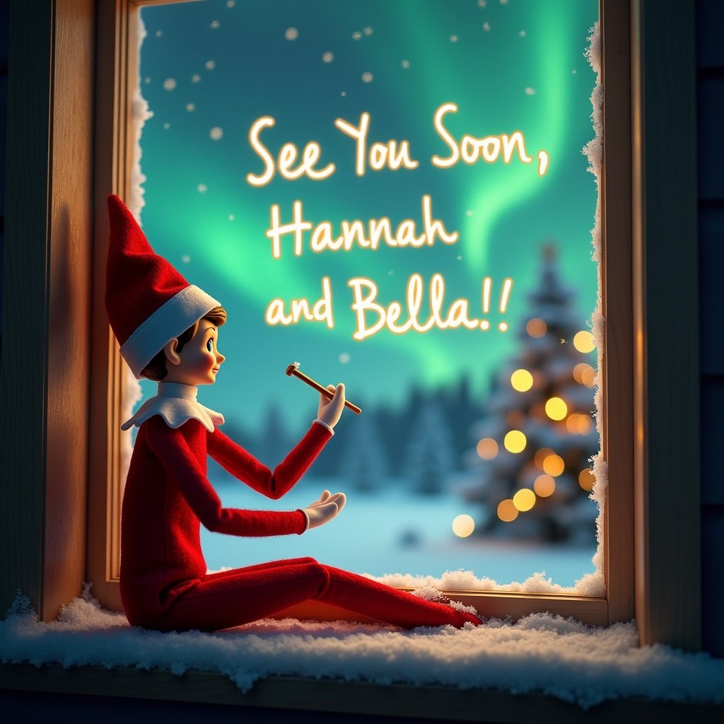 An elf on the shelf sits on a cozy windowsill, bathed in soft light from inside. The elf, dressed in a classic red outfit, is focused intently on writing a heartfelt message in the snow with a small stick. Outside, vibrant greens and blues of the northern lights illuminate the sky, creating a magical background. Behind the elf, a beautifully decorated Christmas tree adds to the festive atmosphere. The message, gracefully written in the snow, reads, 'See You Soon, Hannah and Bella!!'. The scene is warm and inviting, embodying the charm of Christmas and family togetherness.