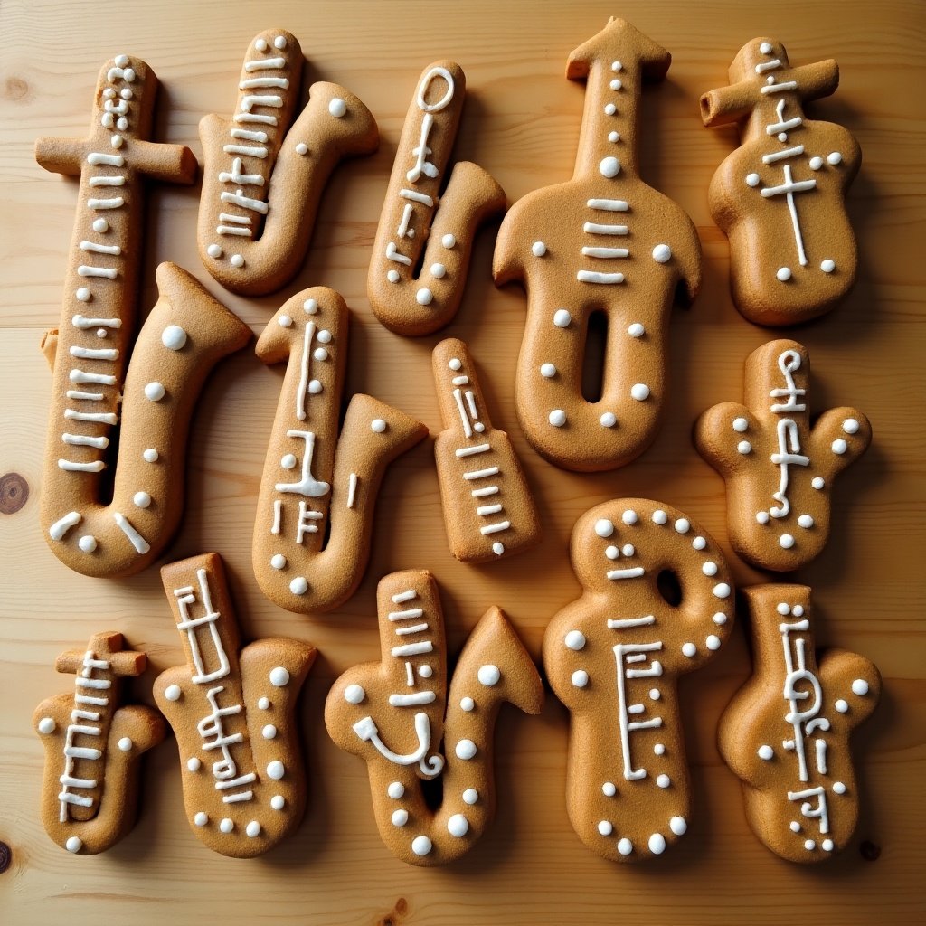 Gingerbread shaped like various jazz instruments arranged on a wooden surface