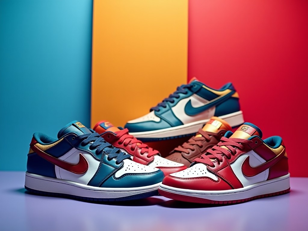 A set of colorful Nike-style sneakers on a vibrant, contrasting background with blue, red, and yellow panels.