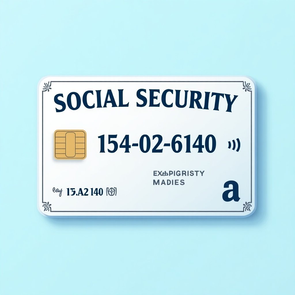 Depiction of generic social security card. Prominent text 'SOCIAL SECURITY' at top. Key numbers '154-02-6140'. Graphic chip shown for modern identification. Decorative elements indicating official nature. Soft blue background. Professional and clean design emphasizing social security identification importance.