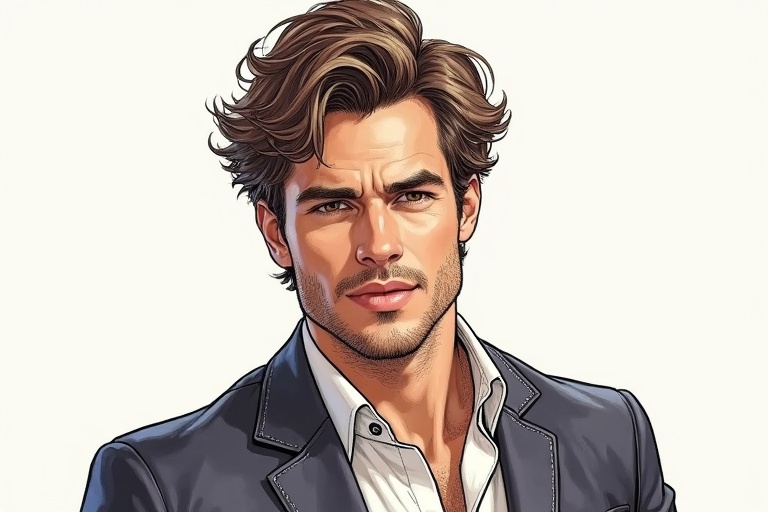 Stylish Italian male character illustration. Stylish outfit features blazer and collared shirt. Character exudes confidence with a fashionable hairstyle influenced by modern trends. Clean background emphasizes the attire's details.