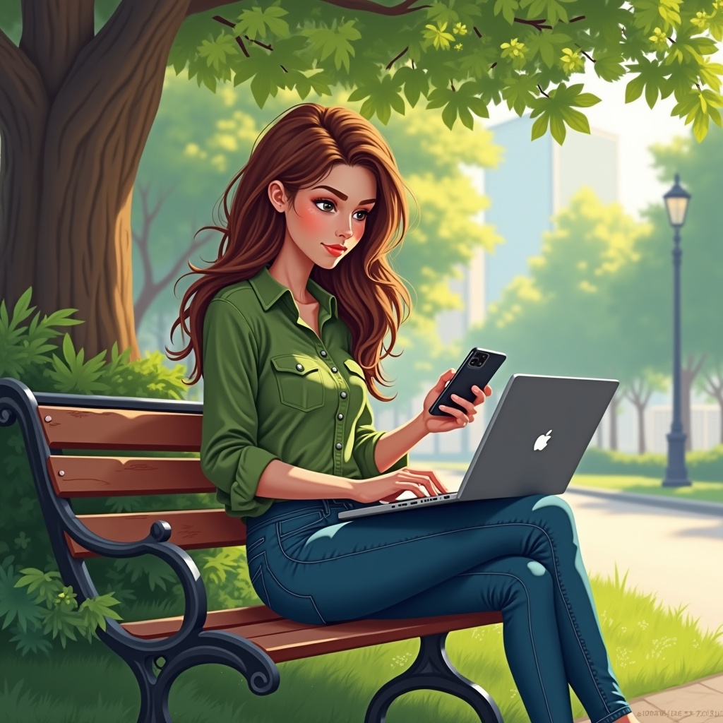 The image depicts a digitally illustrated young woman sitting on a park bench under a tree on a sunny day. She is multitasking, holding a smartphone in one hand and typing on a laptop with the other. Her attire is casual yet stylish, featuring a green button-up shirt and jeans. Her long, wavy hair cascades over her shoulders as she sits comfortably among the lush greenery. In the background, there's a hint of an urban skyline, suggesting a city park setting. The atmosphere is serene, blending technology with nature.