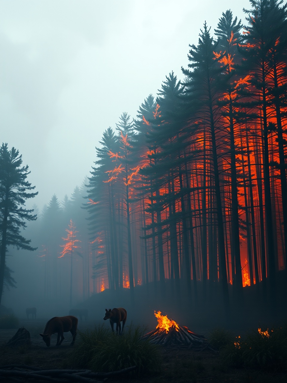 A dramatic scene in a forest with a fire burning amongst tall trees, casting an orange glow and creating a smoky atmosphere. Animals, possibly horses, graze in a field nearby, adding a tranquil contrast to the chaotic backdrop.