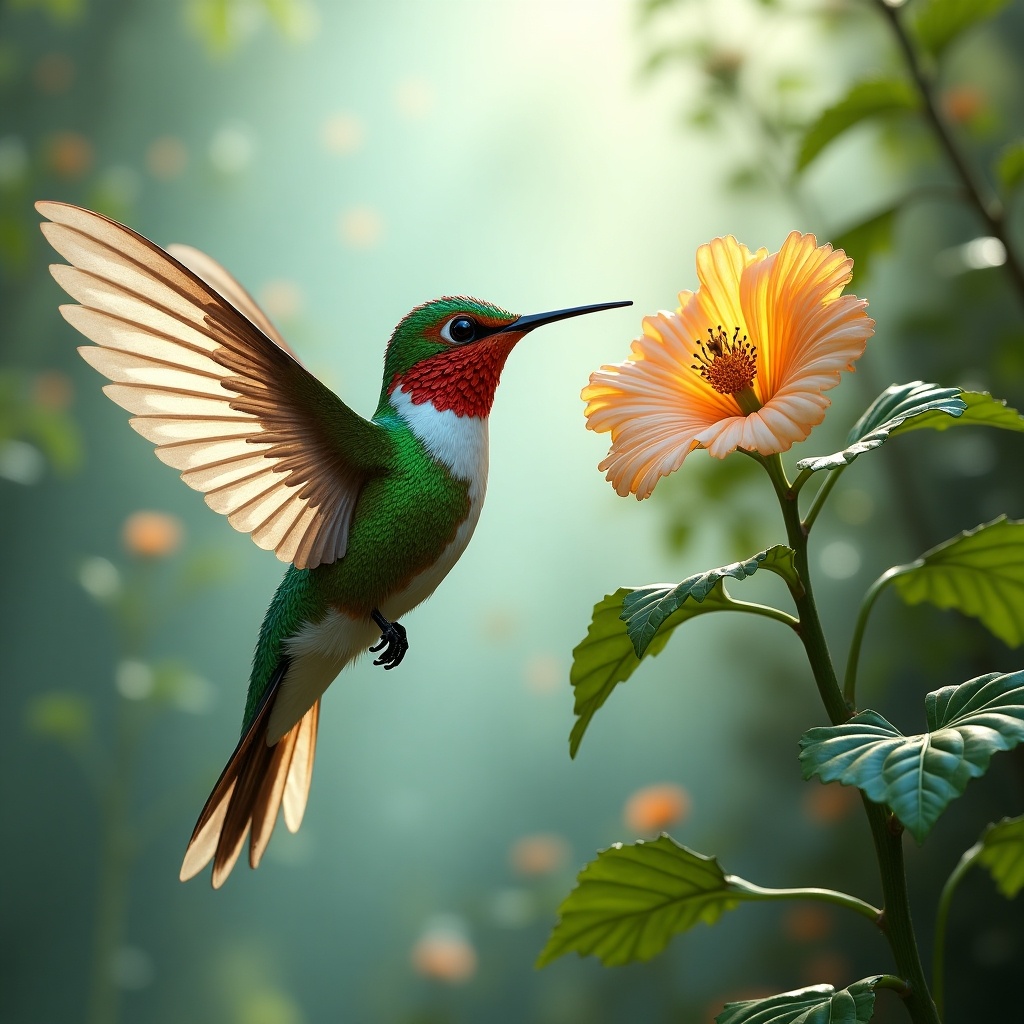 A single beautiful hummingbird with majestic wings approaches a morning glory flower. Hummingbird features baroque and cyberpunk designs with golden details. Environment has shiny, anodized green leaves and whimsical shapes. Scene represents a magical atmosphere with dynamic composition and day ambience